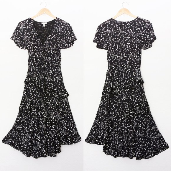 Joie Orita Midi Dress Size 2 Caviar Black White Floral Asymmetric Ruffles $348 - Picture 15 of 16
